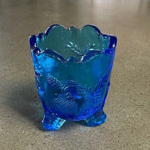 Vintage Cambridge Glass Blue Near Cut Glass Inverted Strawberry Toothpick Holder